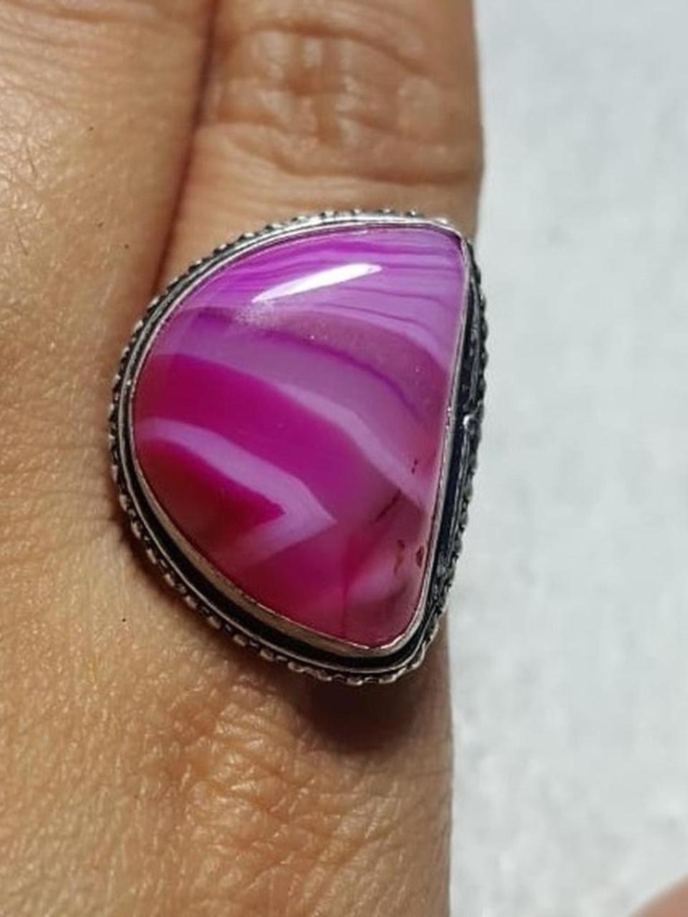 925 Silver Stanley Pink Striped Banded Agate Teardrop Ring